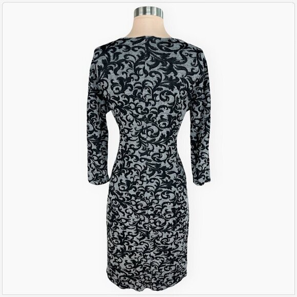 Coldwater Creek Black Gray Fleur De Lis Faux Wrap Look Stretch Knit Dress 10 - Picture 3 of 4